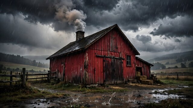 Rustic red barn with chimney smoke under dramatic storm sky with falling rain mood