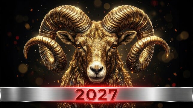 Golden ram head with large curved horns and glowing 2027 new year sign