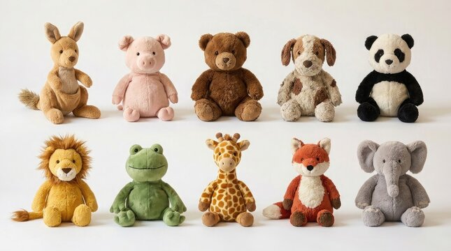 Collection of adorable stuffed animals arranged in a grid on a white background