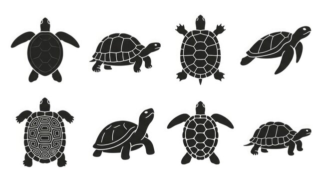 Collection of black turtle silhouettes in various poses and perspectives isolated on white