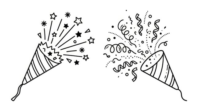 Vintage style party poppers with confetti and star bursts hand drawn illustration