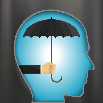 Human hand holds an umbrella inside the silhouette of a human head. Vector illustration.