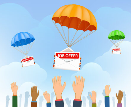 Human hands catch job offers in envelopes flying on parachutes. Vector illustration