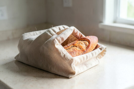 Crusty bread in a reusable cotton bag on a kitchen counter