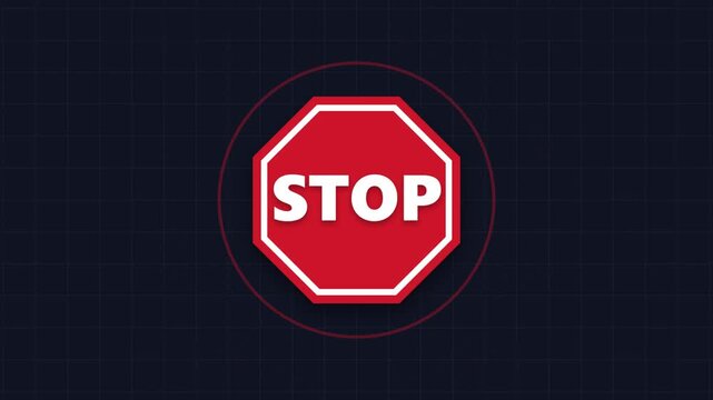 Animated Red Octagon Stop Sign Icon on Dark Digital Grid Background