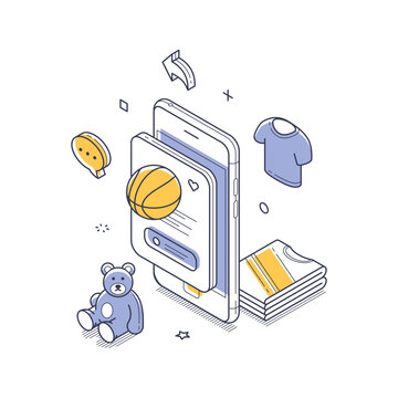 Isometric vector illustration of a children's goods mobile shopping app. E-commerce concept for buying toys and sportswear online. Modern outline design for digital retail and mobile commerce