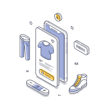 Isometric vector illustration of a mobile fashion store. Online shopping for clothes via an app. Modern outline design for digital retail and e-commerce with a user-friendly interface