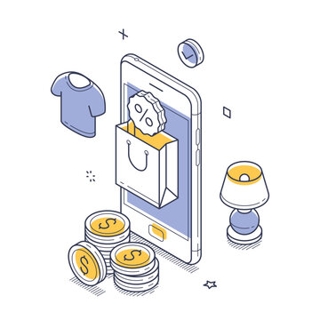 Isometric vector illustration of mobile shopping. Smartphone with an online store application, shopping bag, and discount offer. Concept for e-commerce, digital retail, and internet payment