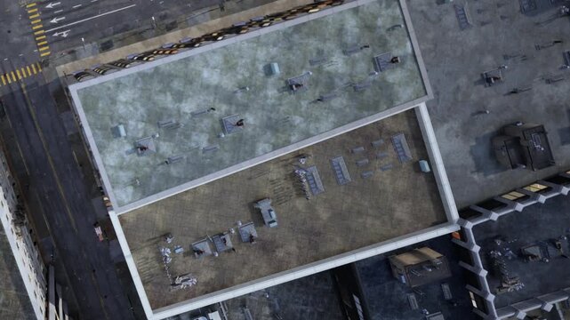 Aerial perspective captures rooftops in a bustling cityscape during daylight. Varied buildings showcase different heights, materials, and usage. Some rooftops host equipment and seating areas.