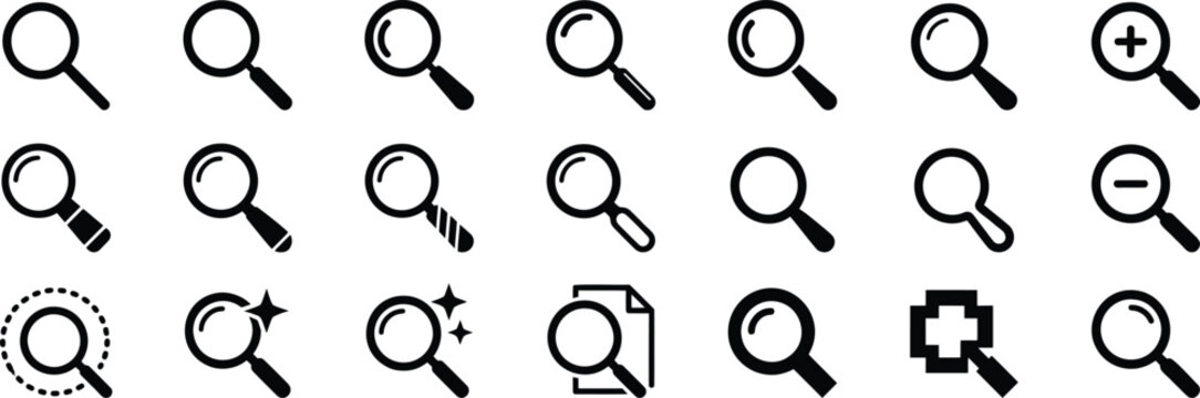 Minimalist magnifying glass vector icons set, black outline zoom symbols, interface search elements, web design graphic collection
