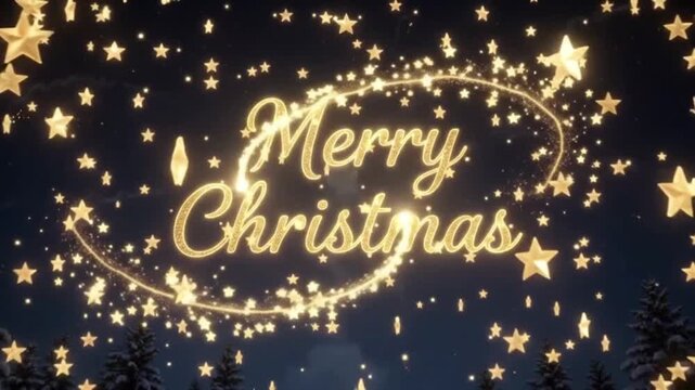 Merry Christmas text in elegant gold cursive font with glowing stars and particles trail animation on dark night sky background, magical holiday motion graphic.