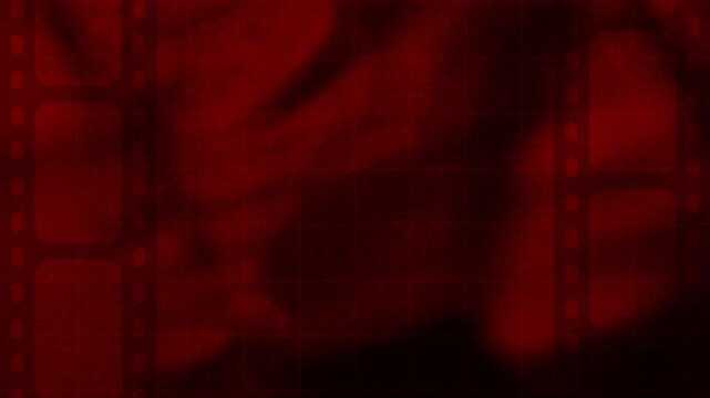 Minimalist film strip frame border with sprocket holes and dark red grainy noise texture background for video production