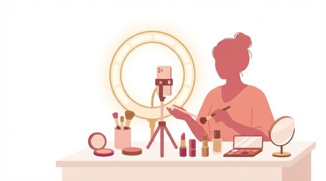 A content creator films a makeup tutorial at a table with cosmetics, a phone, and ring light in an indoor studio.