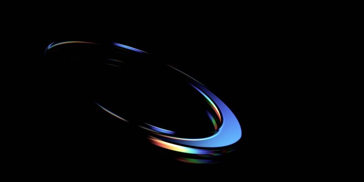 Glass ring with rainbow light dispersion floating on a dark black background, portal and orbit concept, 3d render