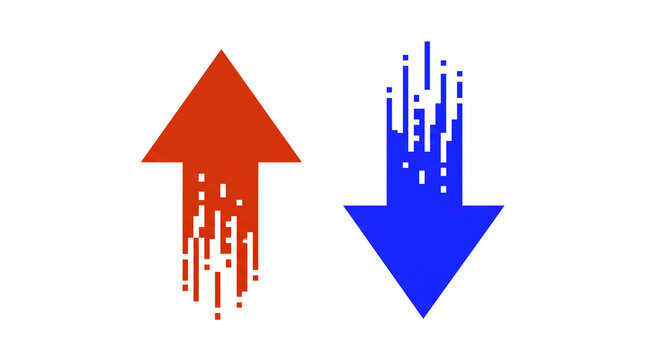 Red Up Arrow and Blue Down Arrow With Pixel Effect
Opposite Direction Arrows Concept on White
Increase and Decrease Symbol With Disintegration Effect
Business Growth vs Decline Icon in Red and Blue
Pi