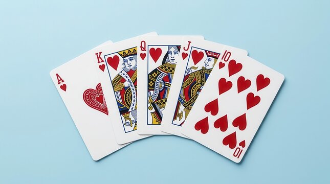Minimalist flat lay of a heart royal flush playing cards representing luck and success.