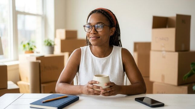Contented African American woman sits among moving boxes holding a coffee mug.