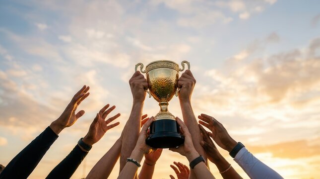 A winner holding a gold trophy cup while teammates reach up toward it under a sunset sky.