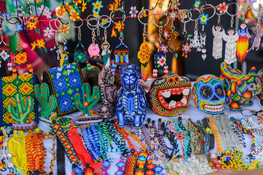 Colorful Huichol Beadwork Handicrafts at a Mexican Street Market