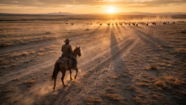Lone cowboy riding horse across dusty sun drenched plain at sunset driving cattle herd in distance
