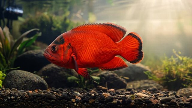 red oscar fish close up underwater in aquarium at morning light video