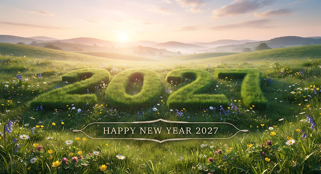 Grass 2027 numbers in sunny meadow with Happy New Year 2027 text banner