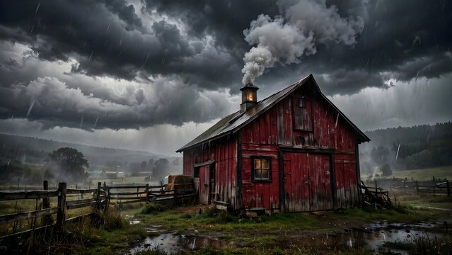 Rustic red barn with chimney smoke under dramatic storm sky with falling rain mood