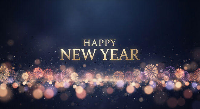Happy New Year gold text with glowing fireworks on dark blue blurred background