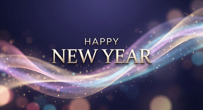Happy New Year text with glowing light waves and golden particles on background