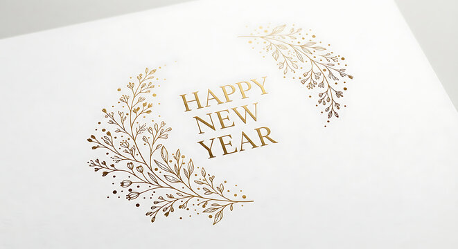 Happy New Year gold foil text with floral wreath on white paper card