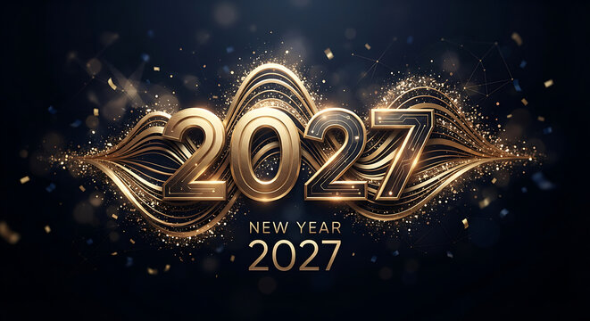 Golden 2027 new year text with glowing light waves on dark luxury background