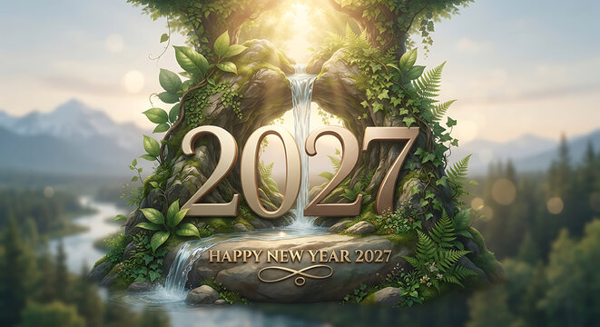 Golden 2027 text with waterfall and lush forest foliage for new year greeting