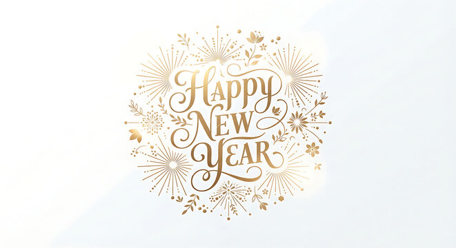 Happy New Year gold calligraphy text with floral fireworks isolated on transparent background