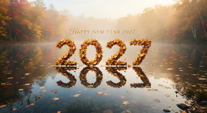 Happy New Year 2027 text made of autumn leaves on misty lake water