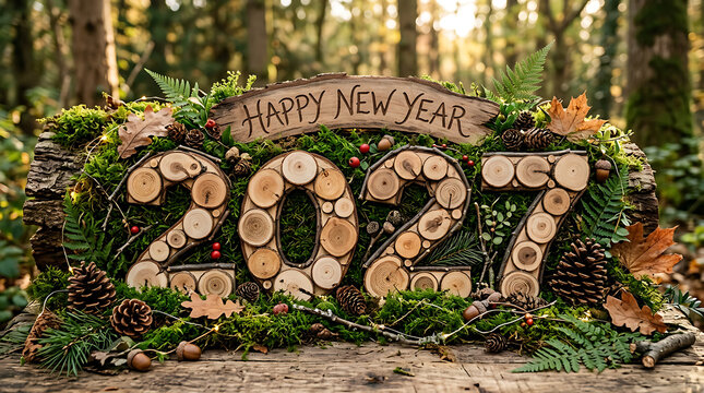 Happy New Year 2027 wooden sign with moss pine cones and forest foliage