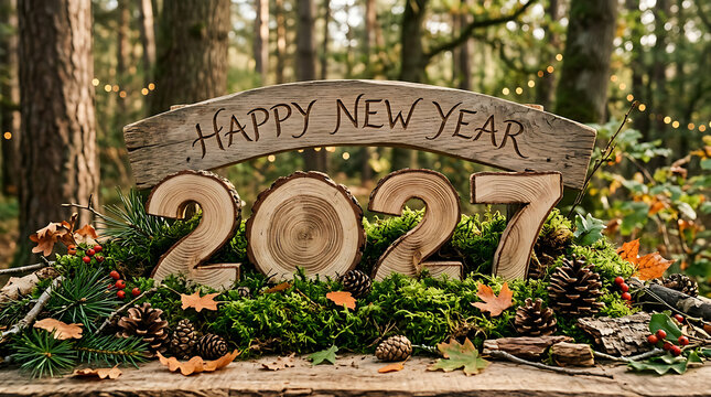 Happy New Year 2027 wooden sign with pine cones and moss in forest