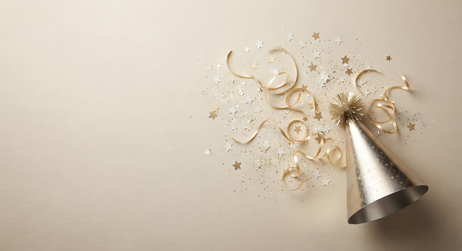 Gold party hat with curly ribbons and star confetti on beige background surface