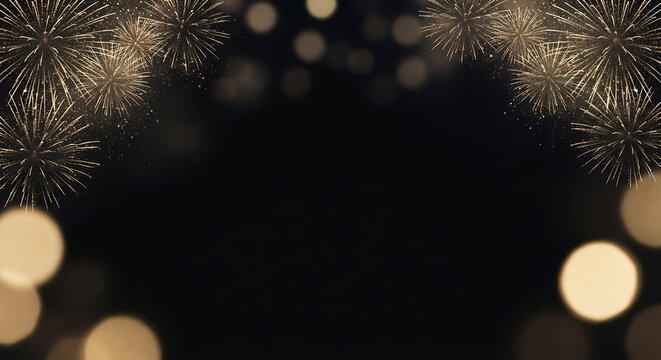 Golden fireworks frame with blurred bokeh lights on a dark black background