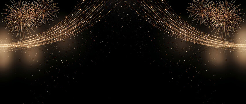 Golden fireworks and shimmering light waves on a dark black festive background