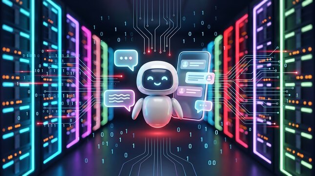 Cute small robot standing in a server room surrounded by glowing digital data streams and speech bubbles representing artificial intelligence chatbot customer service technology