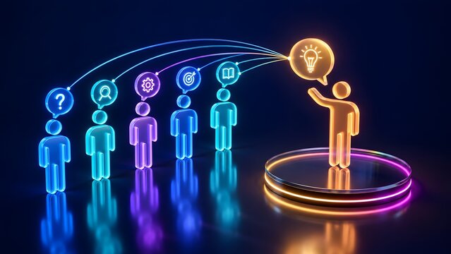 Team leadership and knowledge sharing concept with glowing glass figures connected to a main idea lightbulb