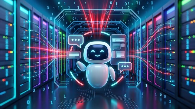 Friendly small robot waving in a high-tech server room environment surrounded by glowing data streams and digital icons representing artificial intelligence communication solutions