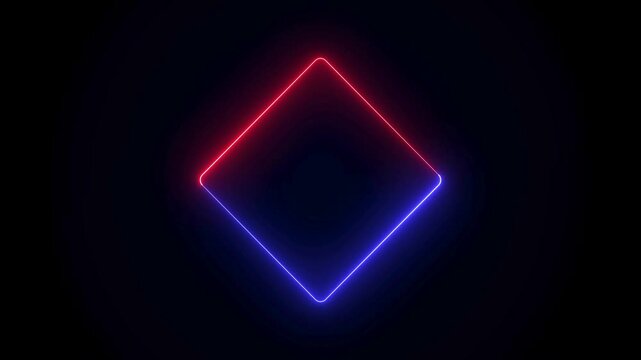 Glowing diamond shape with blue and red neon light lines on a dark black background