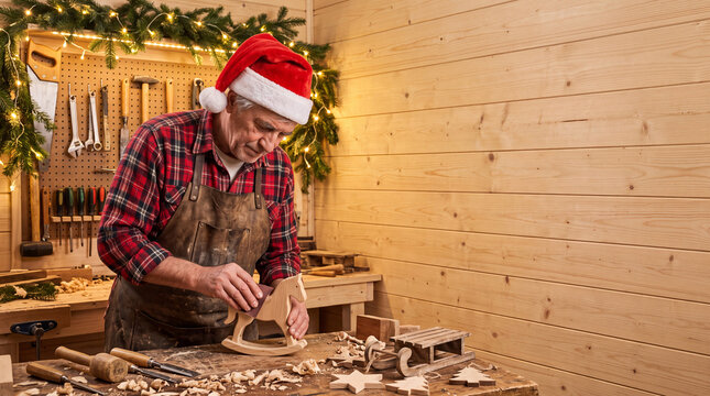 Senior carpenter in Santa hat making wooden toys in workshop