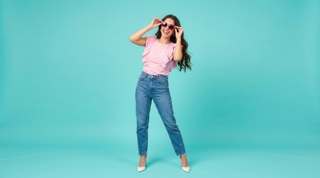 Smiling young woman wearing pink top and denim jeans against a vibrant turquoise studio background.
