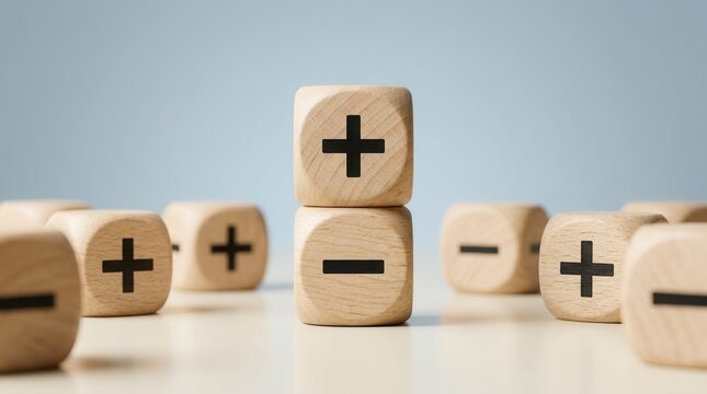 Business profit and loss concept featuring wooden blocks with plus and minus signs.