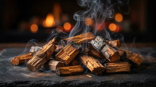 Natural wood chips piled high emitting a subtle smoky aroma.