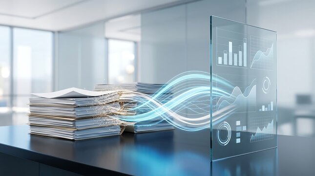 Data analytics dashboard displaying business charts and graphs floating above physical document stacks with illuminated digital streams representing information processing