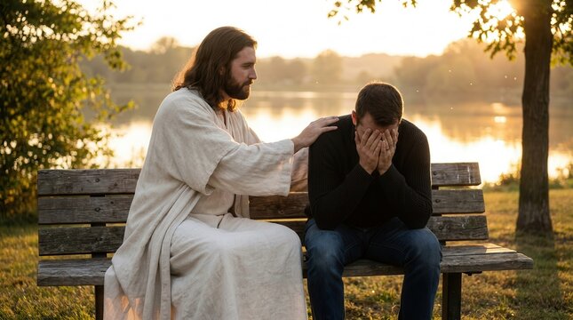Divine figure offering support and guidance to a grieving person in a park.