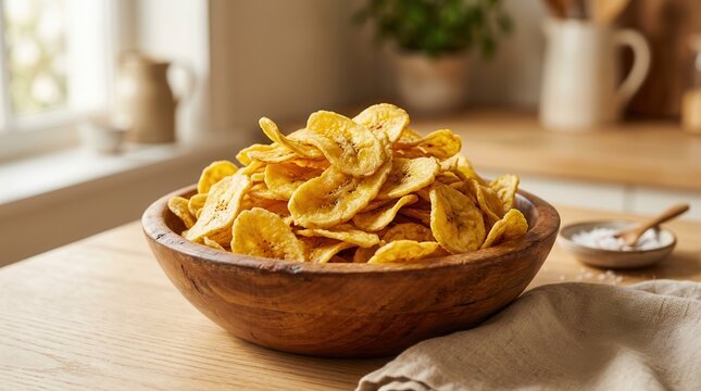 Delicious golden banana chips piled in a rustic wooden bowl.